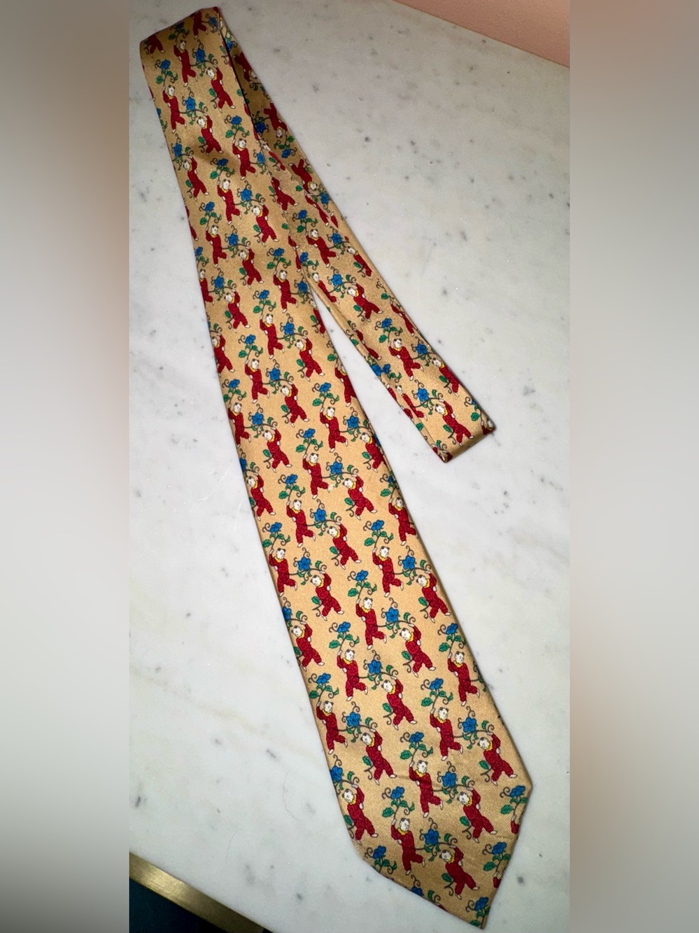 Vintage Hermès Silk Tie in Gold, Red and Blue with Whimsical Print